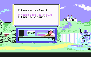 Mini-Putt (Commodore 64) screenshot: Practice or play menu