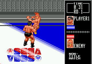Wrestle War (Genesis) screenshot: Mohawk Kid lands a flying kick.