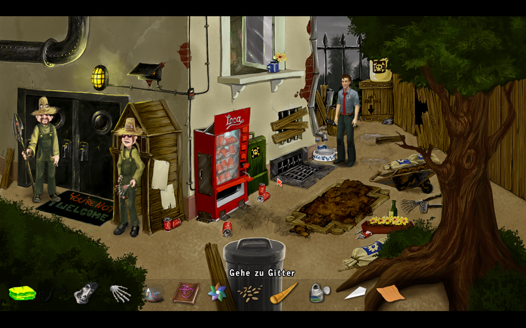 Zak McKracken: Between Time and Space - Director's Cut (Windows) screenshot: Disguised Caponians guarding a compound