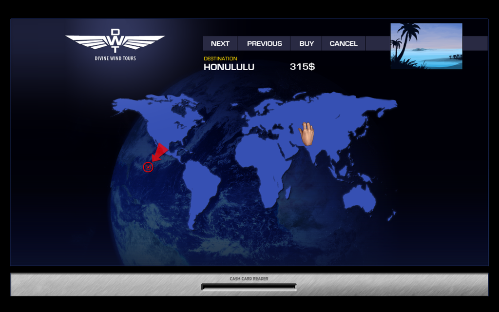 Zak McKracken: Between Time and Space - Director's Cut (Windows) screenshot: Each airport has a ticket machine where you can select your destination and buy a flight ticket