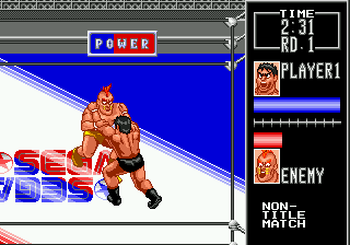 Wrestle War (Genesis) screenshot: Grappling with the first opponent, Mohawk Kid