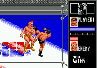 Wrestle War (Genesis) screenshot: Landing a kick on my opponent