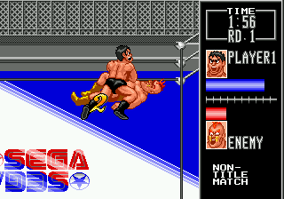 Wrestle War (Genesis) screenshot: Bruce Blade goes for the pin.
