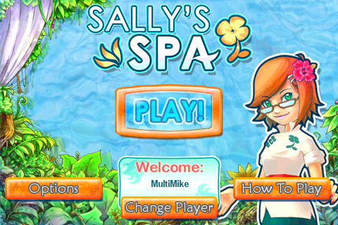 Sally's Spa (iPhone) screenshot: Title screen and main menu