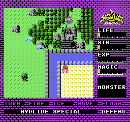 Hydlide (NES) screenshot: Outside a castle with a dungeon