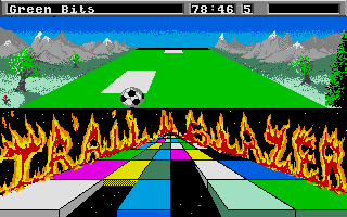 Trailblazer (Atari ST) screenshot: A lot of sticky green, you must jump onto the springy white