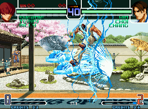 The King of Fighters 2002: Challenge to Ultimate Battle (Neo Geo) screenshot: Planning to stop Orochi Shermie's SDM "Shukemei, Gen'ei, Shinshi", Kim uses his move Hishou Kyaku.