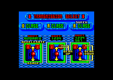 Super Monaco GP (Amstrad CPC) screenshot: Choose transmission