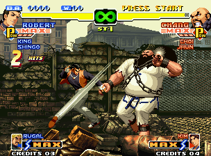 The King of Fighters 2000 (Neo Geo) screenshot: The current 2 hits of Robert Garcia's Sen'en Renbu Kyaku only removed some bits of Chang's energy...