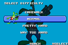 Jazz Jackrabbit (Game Boy Advance) screenshot: There are four difficulty levels in the game.