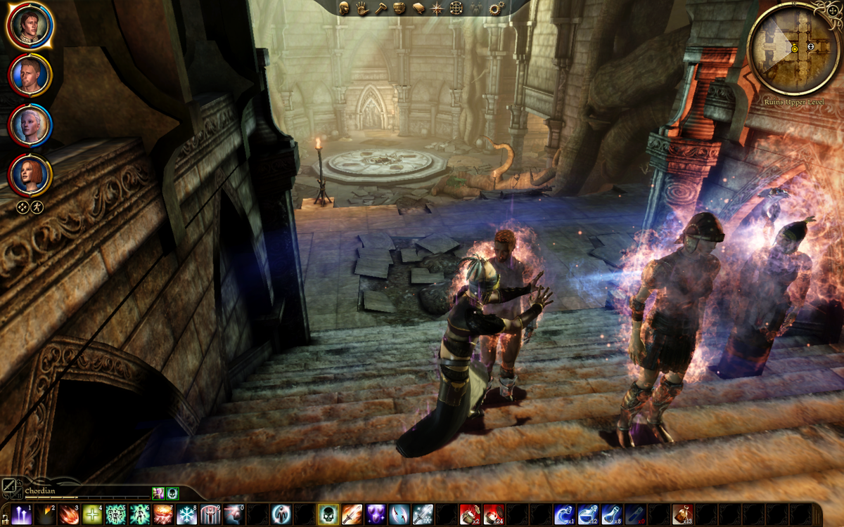 Dragon Age: Origins (Windows) screenshot: "Dude... Like... why are you casting a fire spell on us? It, like, hurts..." "You haven't learned anything, son... Because I can!!"...