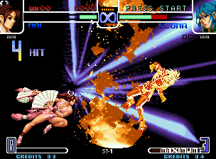 The King of Fighters 2002: Challenge to Ultimate Battle (Neo Geo) screenshot: After be finished her HSDM in Leona, Mai uses her DM Hana Arashi.: it's only to finish with style!