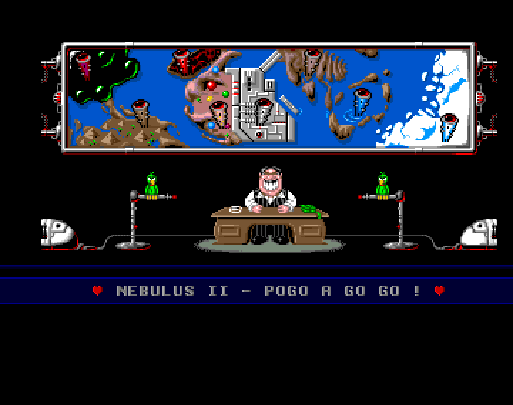 Nebulus 2: Pogo a gogo (Amiga) screenshot: The evil uncle welcomes you to the first tower: Deadly demon dungeon