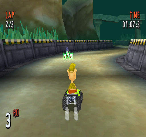 ATV Racers (PlayStation) screenshot: Attacking an opponent.