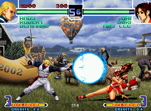 The King of Fighters 2002: Challenge to Ultimate Battle (Neo Geo) screenshot: Meanwhile, Andy Bogard's Geki Hishou Ken is the obstacle of Mai Shiranui's move Koku'en no Mai...