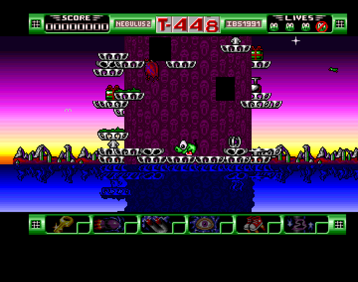 Nebulus 2: Pogo a gogo (Amiga) screenshot: Start of the game, the sequel features more elaborate tower textures.