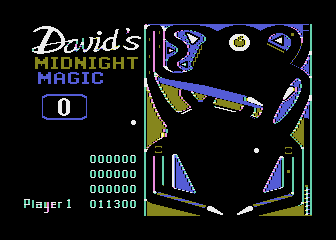 David's Midnight Magic (Atari 8-bit) screenshot: A game of pinball in progress (1982 Broderbund release)