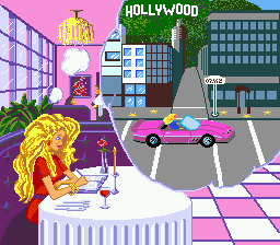 Barbie Super Model (Genesis) screenshot: Intro to level one: Barbie drives through LA in her Barbie convertible