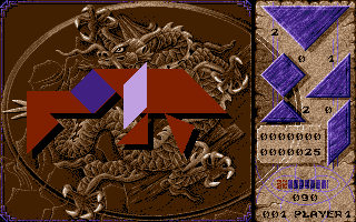 Tangram (Atari ST) screenshot: One piece in place, another needs rotating