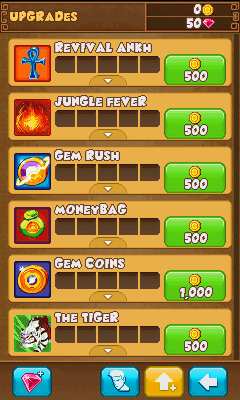 Danger Dash (J2ME) screenshot: You need to pay coins to unlock and upgrade the power-ups.