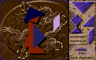 Tangram (Atari ST) screenshot: No space for the trapezoid, so some rearrangement needed