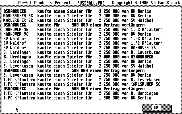 Fussball.prg (Atari ST) screenshot: Overview over the trading activities