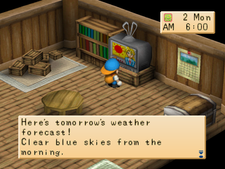 Harvest Moon: Back to Nature (PlayStation) screenshot: Watching the weather report in the farmhouse.