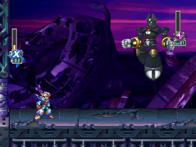 Mega Man X6 (PlayStation) screenshot: Looks like your generic Gundam is coming.