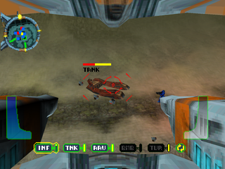 Uprising X (PlayStation) screenshot: Shooting down a tank.