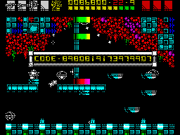 Rex (ZX Spectrum) screenshot: Finishing level 1 with a code. Curious thing, games by then were frequent to use this strategy, variant codes depending on the gameplay, to guarantee the absence of cheating.