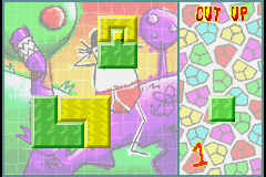 It's Mr Pants (Game Boy Advance) screenshot: In this puzzle, you need to cut up pieces to make rectangles