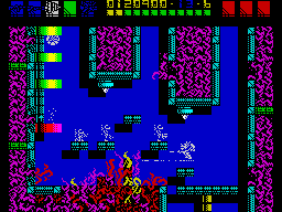 Rex (ZX Spectrum) screenshot: Beware of the hanging slimes: they are indestructible in any form, either when hanging or when dropped in the ground.