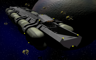 The Fourth Generation (DOS) screenshot: A Nimbur carrier with interceptors (intro cinematic).