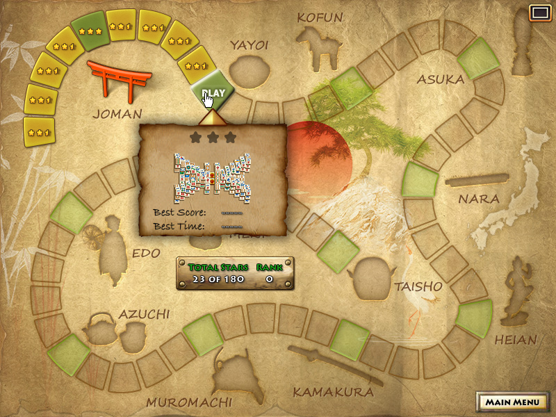 Mahjong Escape (Browser) screenshot: Keeping the mouse over the square shows a preview of the puzzle.