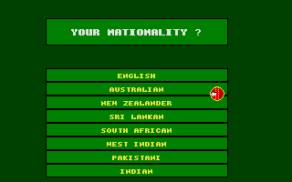 Cricket Captain (Atari ST) screenshot: Select nationality - cricket is popular in a fairly narrow range of countries