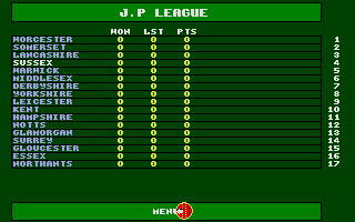 Cricket Captain (Atari ST) screenshot: League table before any matches are played