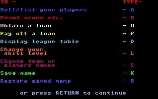 Football Manager (Atari ST) screenshot: Main menu