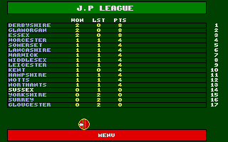 Cricket Captain (Atari ST) screenshot: League table