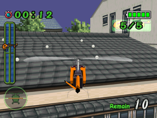 RC Helicopter (PlayStation) screenshot: Blowing the baseballs from the roof.