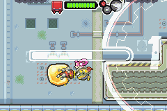 Drill Dozer (Game Boy Advance) screenshot: You can jump away from this block by drilling it, then reversing the drill