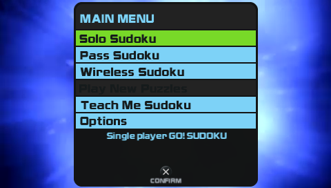 Go! Sudoku (PSP) screenshot: Main menu