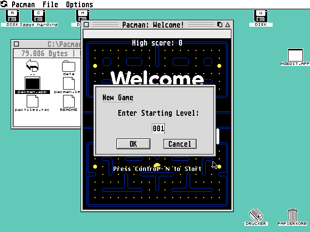 Pacman for GEM (Atari ST) screenshot: You can choose any starting level