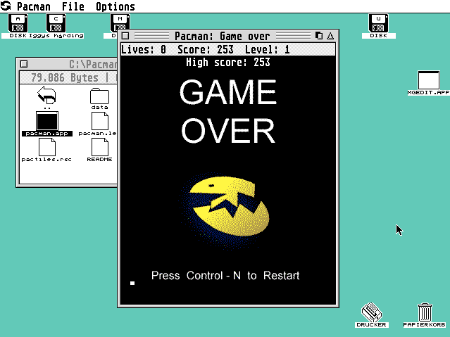 Pacman for GEM (Atari ST) screenshot: Game over!