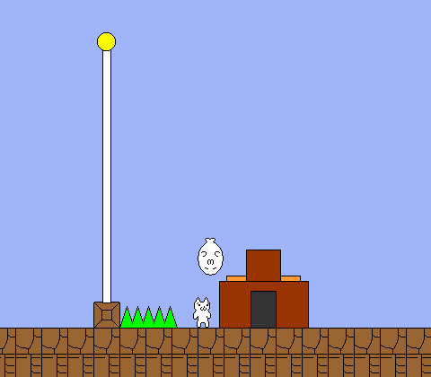 Syobon Action (Windows) screenshot: Past the flagpole, on auto-move, an enemy drops on me. And that's just the first level!