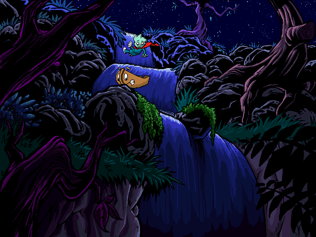 Pajama Sam: No Need to Hide When It's Dark Outside (Windows) screenshot: The waterfall - Sam is always enthusiastic about rapids, waterfalls, geysers, and Otto not so much...