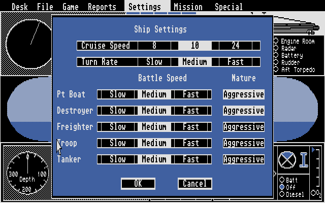 GATO (Atari ST) screenshot: The options available, screen 2.