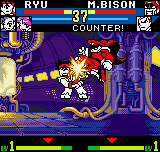SNK vs. Capcom: The Match of the Millennium (Neo Geo Pocket Color) screenshot: Other tough match are in course: now, M. Bison connects an air "knee" kick into Ryu's face.