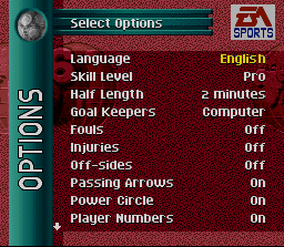 FIFA Soccer 96 (SNES) screenshot: Game Options
