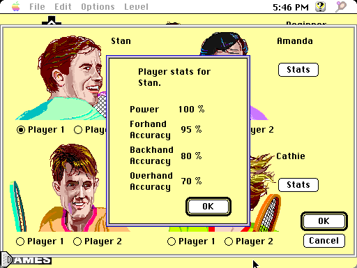 Club Racquetball (Macintosh) screenshot: Character stats