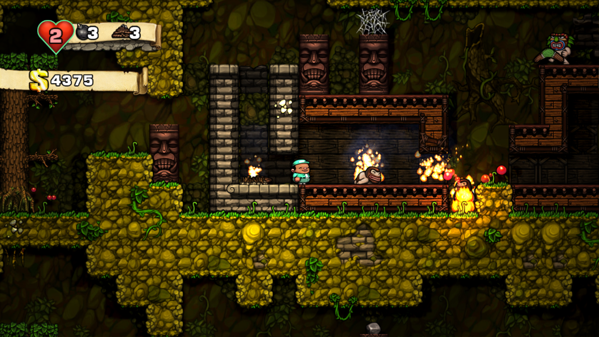 Spelunky (Windows) screenshot: Thank you fireman for burning all these brutes